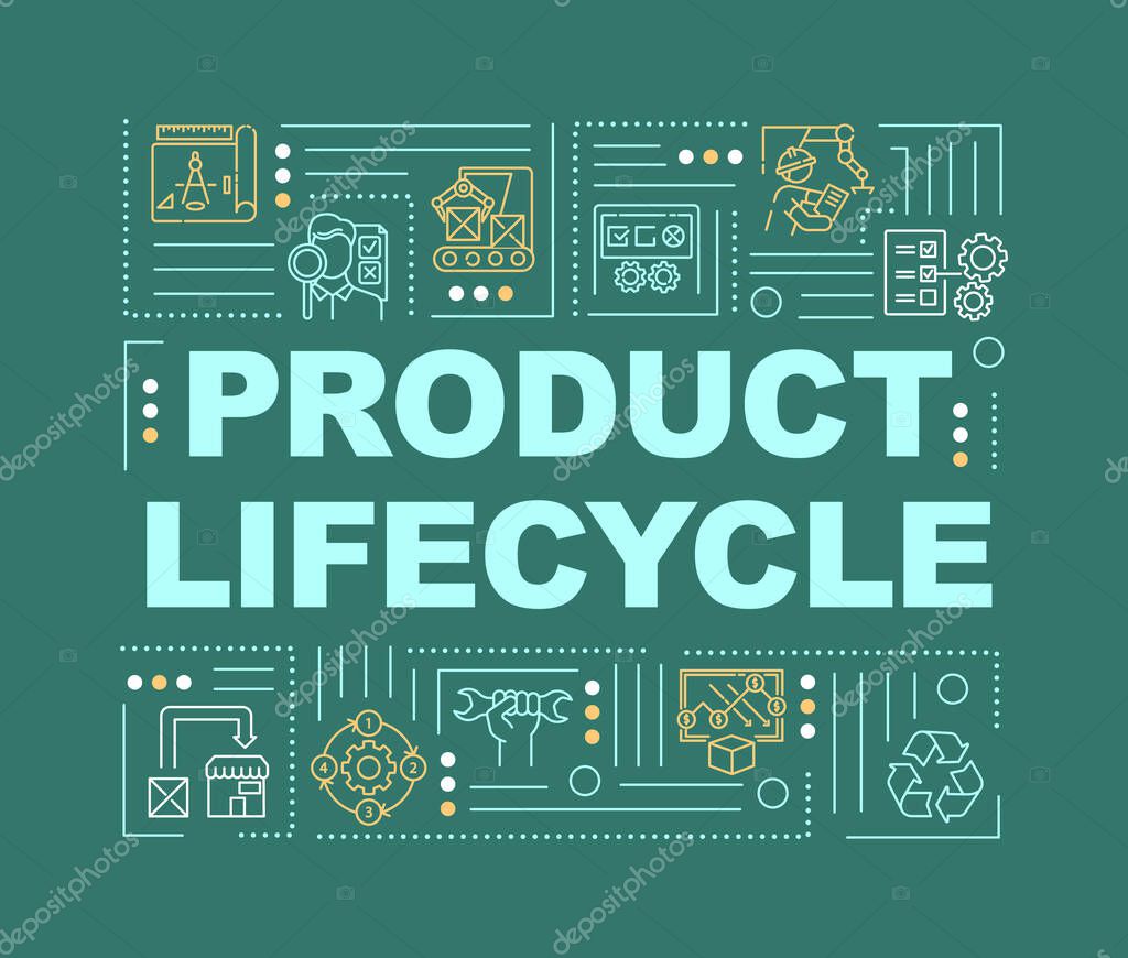 Product life cycle word concepts banner. Development and implementation. Infographics with linear icons on green background. Isolated typography. Vector outline RGB color illustration