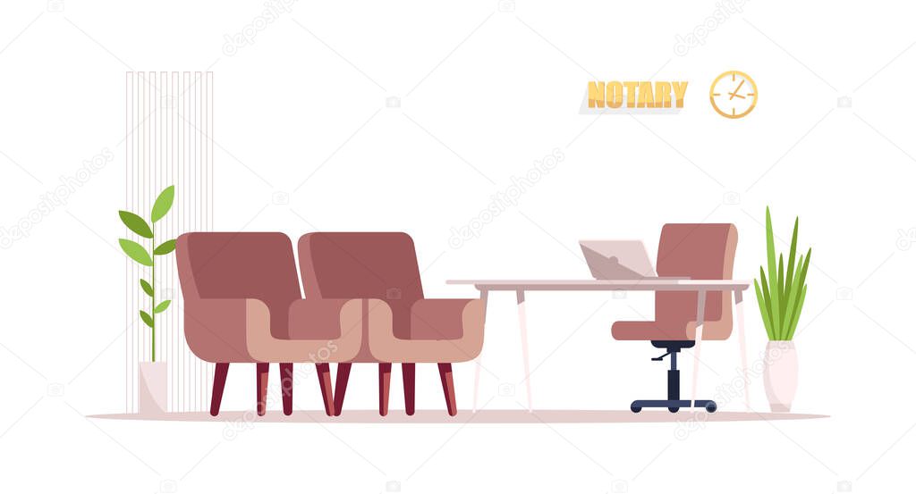 Empty notary office semi flat RGB color vector illustration. Desk and 3 chair for customer visit. Meeting room for consultation. Law office furniture isolated cartoon object on white background