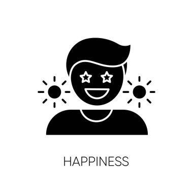 Mutluluk siyah kabartma simgesi. Olumlu düşünce, iyimser yaşam tarzı. Duygusal tepki, iyi ruh hali, sevinç hissi. Beyaz uzayda siluet sembolü. Mutlu, neşeli insan vektörü izole edilmiş illüstrasyon