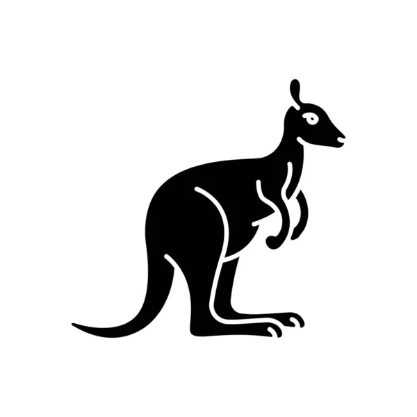 カンガルー黒のグリフアイコン エキゾチックなワラビー 野生のワラルー 熱帯動物園の住人 オーストラリアの動物相 白い空間に動物学のシルエットのシンボル マーシュアル動物ベクトル分離イラストをジャンプ — ストックベクタ