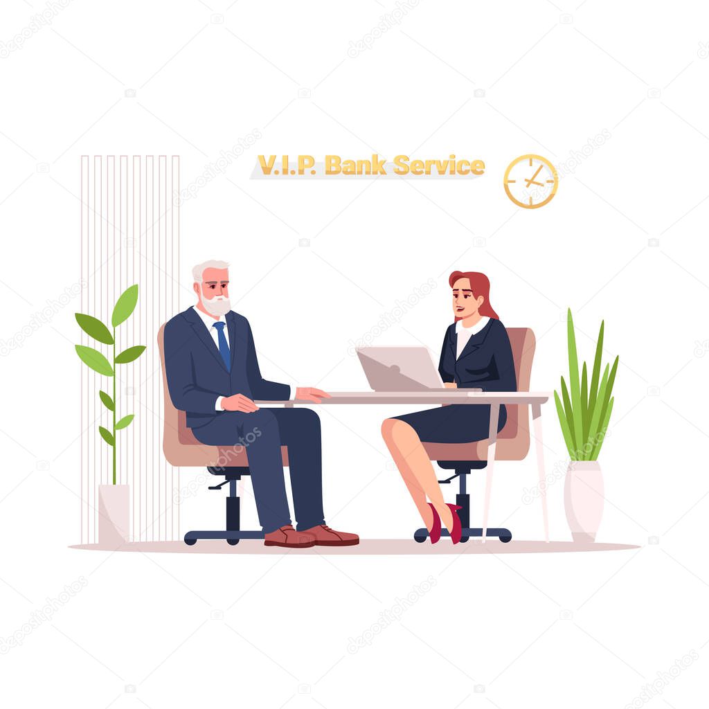 VIP bank service semi flat RGB color vector illustration. Private advisor at reception. Financial consultant with male elderly customer isolated cartoon character on white background