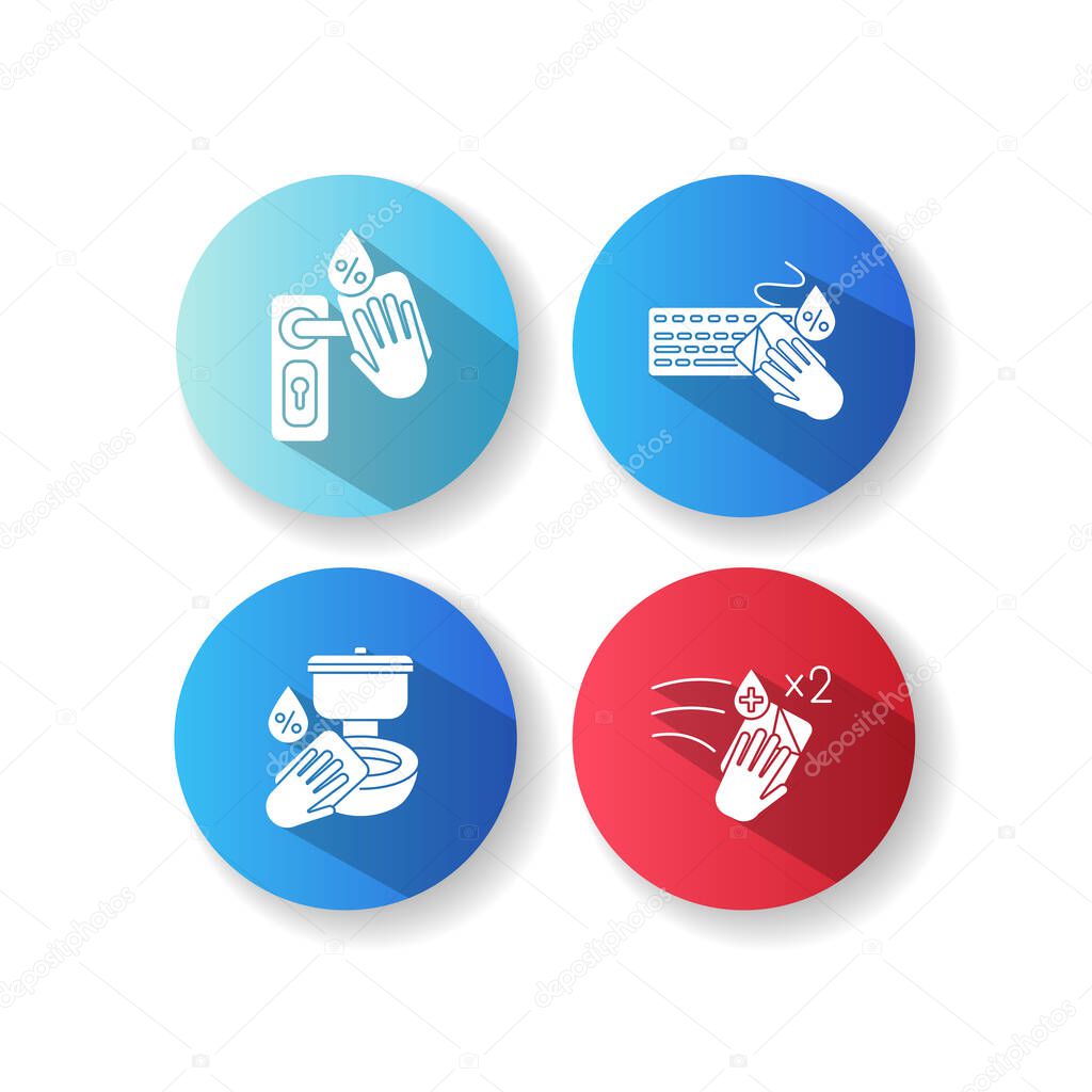 Surface cleaning flat design long shadow glyph icons set. Door knob, keyboard and toiled disinfection with antibacterial wipes. Housekeeping chores. Silhouette RGB color illustrations