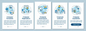 Gesellschaftsrecht onboarding mobile App-Seite Bildschirm mit Konzepten. Unternehmensgründung. Business Life Cycle Walkthrough - Grafische Anleitung in 5 Schritten. UI-Vektorvorlage mit RGB-Farbabbildungen