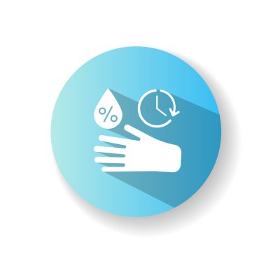 Dezenfekte edici temas zamanı turkuaz düz dizayn uzun gölge simgesi. Antibakteriyel el dezenfektanı kullanma kuralı. Kişisel hijyen. Mikrop ve bakteri koruması. Siluet RGB renk çizimi