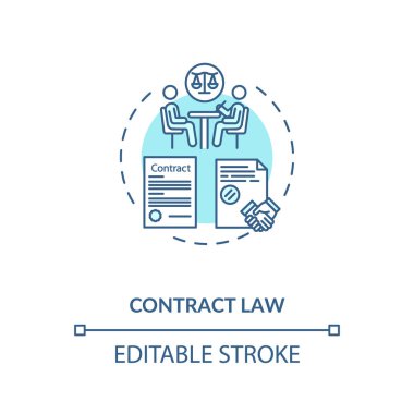 Sözleşme hukuku konsepti ikonu. Resmi kağıt imzalama. Noter servisi. Yasal olarak uygulanabilir sözleşme fikri ince çizgi çizimi. Vektör izole edilmiş RGB renk çizimi. Düzenlenebilir vuruş