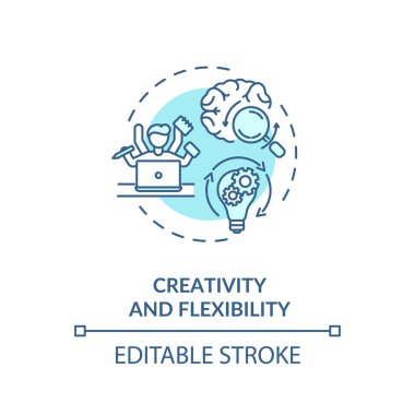 Yaratıcılık ve esneklik kavramı ikonu. Çalışan çoklu görev. İyi bir avukat gereksinimi. Yaratıcı düşünce ince çizgi çizimi. Vektör izole edilmiş RGB renk çizimi. Düzenlenebilir vuruş