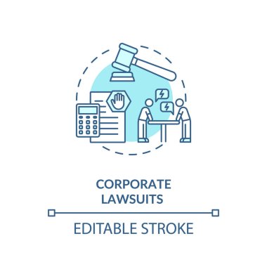 Şirket dava konsepti ikonu. Finansal ve yasal danışmanlık hizmeti. Hukuk mahkemesinde incecik bir tasvir ile devam ediyoruz. Vektör izole edilmiş RGB renk çizimi. Düzenlenebilir vuruş