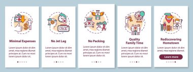 Advantages of staycation onboarding mobile app page screen with concepts. Minimal expenses and no packing. Walkthrough 5 steps graphic instructions. UI vector template with RGB color illustrations clipart