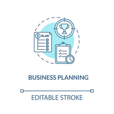 İş planlama turkuaz konsept simgesi. Finansal strateji. Şirket geliştirme. Ürün yönetimi fikri ince çizgi çizimi. Vektör izole edilmiş RGB renk çizimi. Düzenlenebilir vuruş