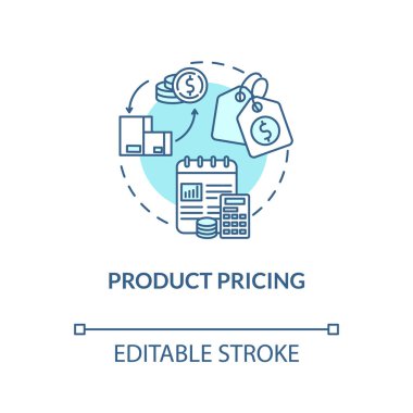 Ürün fiyatlandırması turkuaz konsept simgesi. Malı sat. Ticari plan. Finansal strateji. Ürün yönetimi fikri ince çizgi çizimi. Vektör izole edilmiş RGB renk çizimi. Düzenlenebilir vuruş