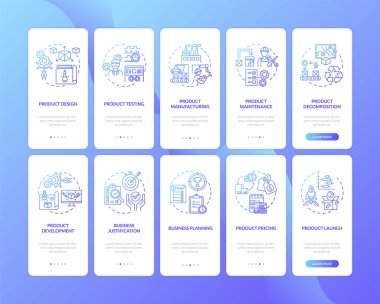 Mobil uygulama sayfa ekranında konseptlerle iş planlaması. Pazarlama stratejisi. Ürün yönetimi 5 aşamalı grafik talimatları gözden geçiriyor. RGB renk resimleriyle UI vektör şablonu