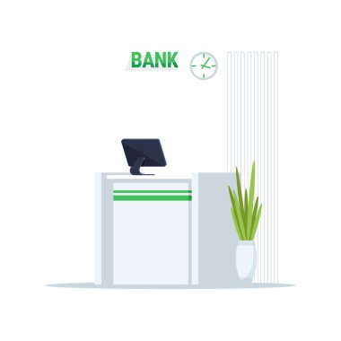 Banka resepsiyonu yarı düz RGB renk çizimi. Ticaret merkezi için mobilya. Departmanın bekleme alanı. Finansal danışma masası beyaz arkaplanda izole edilmiş çizgi film nesnesi