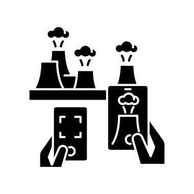 Atom turizmi siyah kabartma simgesi. Atom çağının işaretleri. Popüler nükleer turizm, beyaz uzayda modern tatil etkinliği silueti sembolü. Elektrik santrali turları. vektör izole çizimi
