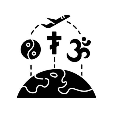 Dini turizm siyah kabartma simgesi. Ruhani yolculuk, beyaz uzayda hac silueti sembolü. Dünyalar arası dinleri araştırıyorum. Taoizm, Hristiyanlık ve Hinduizm izole edilmiş vektör illüstrasyonunu işaret ediyor