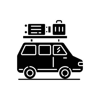 Yol gezisi simgesi. Bütçe turizmi, beyaz alanda aile tatili silueti sembolü. Tatil sezonu eğlence aktivitesi, arabayla seyahat. Bagaj vektörü izole edilmiş otomatik illüstrasyon