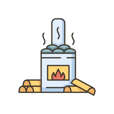 Ahşap yanan sauna RGB renk simgesi. Geleneksel Rus banyası, Hamamın ısı kaynağını bitir. Sıcak spa taşları ve izole edilmiş yakacak odunu olan şömine.