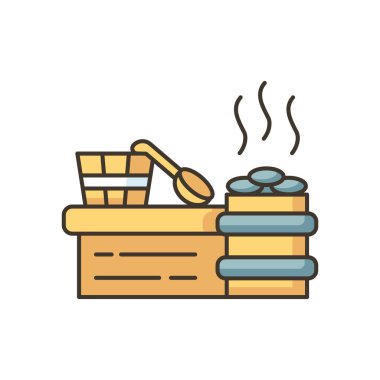 Buhar odası RGB renk simgesi. Sauna eğlencesi, buhar. Buhar banyosu, hamam aksesuarları. Su kovası, ahşap kaşık ve ısıtılmış taşlar izole edilmiş vektör çizimi.