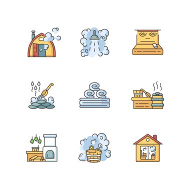 Bathhouse RGB renk simgeleri ayarlandı. Fin saunası, Rus buhar banyosu. Sağlıklı eğlence, rahatlatıcı eğlence. Spa tedavisi, ısı terapisi. İzole vektör çizimleri