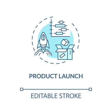 Ürün fırlatma turkuaz konsept simgesi. Ticaret ürünleri üretimi. Kurumsal cihaz geliştirme. Ürün yönetimi fikri ince çizgi çizimi. Vektör izole edilmiş RGB renk çizimi. Düzenlenebilir vuruş