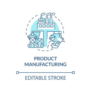 Ürün üretim turkuaz konsept ikonu. Fabrika geliştirme süreci. Taşıyıcı operatör. Ürün yönetimi fikri ince çizgi çizimi. Vektör izole edilmiş RGB renk çizimi. Düzenlenebilir vuruş