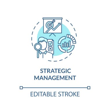Stratejik yönetim turkuvaz konsept simgesi. Ticaret araştırması. Finansal analiz. Ürün yönetimi fikri ince çizgi çizimi. Vektör izole edilmiş RGB renk çizimi. Düzenlenebilir vuruş