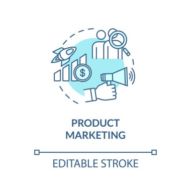 Ürün pazarlama turkuaz konsept ikonu. İş terfisi. Seyirci reklamı. Ürün yönetimi fikri ince çizgi çizimi. Vektör izole edilmiş RGB renk çizimi. Düzenlenebilir vuruş