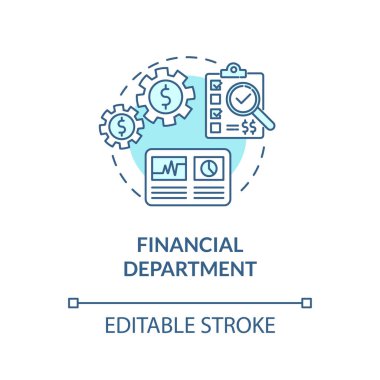 Finans departmanı turkuaz konsept ikonu. Ticari plan. İş geliştirme. Ürün yönetimi fikri ince çizgi çizimi. Vektör izole edilmiş RGB renk çizimi. Düzenlenebilir vuruş