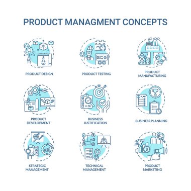Ürün yönetimi turkuaz konsept simgeleri ayarlandı. Pazarlama stratejisi. Satış planı. İş geliştirme fikri ince çizgi RGB renk çizimleri. Vektör izole çizimler. Düzenlenebilir vuruş