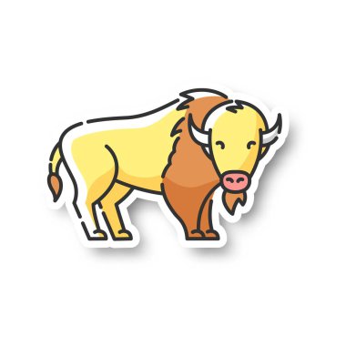 Bizon yaması. Kuzey Amerika faunası, otçul hayvan, nesli tükenmekte olan türler. Sığır çiftliği, yerli çiftlik hayvanları RGB renkli basılabilir çıkartma. Büyük bufalo vektörü izole edilmiş çizim