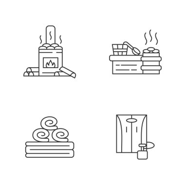 Modern saunalar mükemmel doğrusal simgeler seti. Banyo, buhar odası, banyo havlusu ve taşınabilir sauna özelleştirilebilir ince çizgi şekilleri. İzole vektör çizimi çizimleri. Düzenlenebilir vuruş