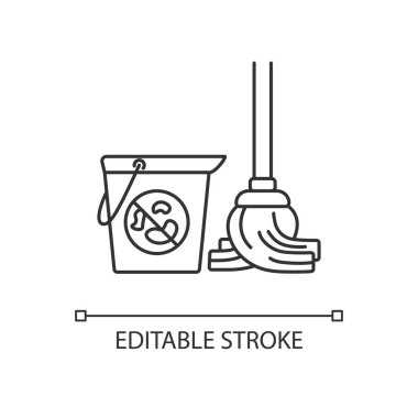 Yer paspaslama pikseli mükemmel doğrusal simge. Oda dezenfeksiyonu, ev temizliği ince çizgi özelleştirilebilir illüstrasyon. Ev işleri sembolü. Paspas ve kova vektörü izole edilmiş dış hat çizimi. Düzenlenebilir vuruş