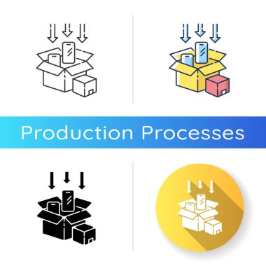 Paketleme simgesi. Lineer siyah ve RGB renk stilleri. Üretim sonrası üretim, üretim paketleme süreci. Teslimat hazırlığı, paket paketleme. Kutulardaki akıllı telefonlar izole vektör çizimleri