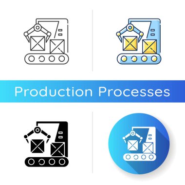 Üretim hattı simgesi. Lineer siyah ve RGB renk stilleri. Otomatik üretim süreci, modern endüstriyel teknoloji. Robot kolu izole edilmiş vektör çizimleriyle birlikte taşıma bandı üzerindeki kutular