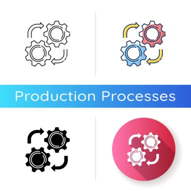 Bakım ikonu. Lineer siyah ve RGB renk stilleri. Endüstriyel süreç, üretim teknolojisi. Profesyonel mekanik onarım servisi. Çarklı mekanizma izole edilmiş vektör çizimleri