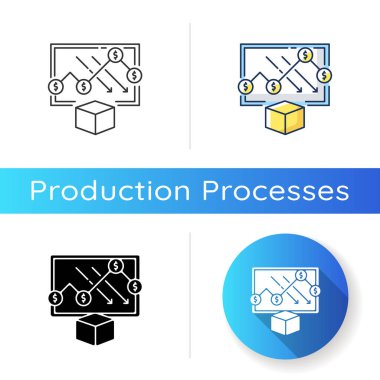 Maliyet analiz simgesi. Lineer siyah ve RGB renk stilleri. Finansal analiz, ekonomik kriz. Üretim maliyetlerini azaltma, iş stratejisi raporu. İzole vektör çizimleri