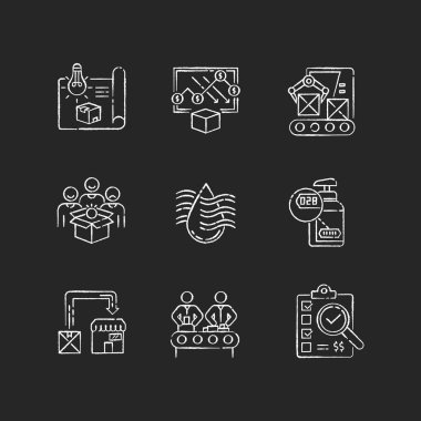 Siyah arkaplanda beyaz tebeşir simgeleri oluşturuluyor. Endüstriyel üretim hattı, fabrika. Otomatik ve organize ürün geliştirme süreci. İzole edilmiş vektör karatahta çizimleri