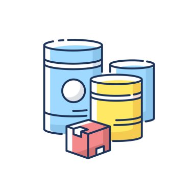 Ham maddeler RGB renk simgesi. Doğal kaynaklar, endüstriyel üretim. Yakıt ve mineral depolama konteynırları. Kutu ve variller izole vektör illüstrasyonu