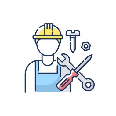 Sanayi işçisi RGB renk simgesi. Profesyonel bakım ve kurum hizmeti. Tamirci, iş aletleri ile tamirci sabit şapka izole vektör illüstrasyonunda