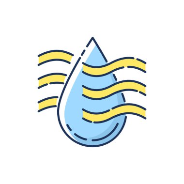 Kurutma işlemi RGB renk simgesi. Su arıtma teknolojisi, filtrasyon sistemi. Üretim aşaması. Temiz su damlası izole vektör çizimi