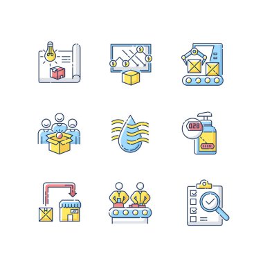 RGB renk simgeleri oluşturuluyor. Endüstriyel üretim hattı, fabrika. Otomatik ve organize ürün geliştirme süreci. İzole vektör çizimleri