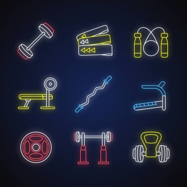 Neon ışık ikonlarının güçlendirilmesi ayarlandı. Kas gelişimi için spor aletleri ve spor aletleri. Yoğun eğitim, vücut geliştirme işaretleri. Vektör izole edilmiş RGB renk çizimleri