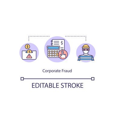 Kurumsal dolandırıcılık konsepti ikonu. Dolandırıcılık örgütü. Ortak kurumsal suç. Finansal yasa ihlali fikri ince çizgi çizimi. Vektör izole edilmiş RGB renk çizimi. Düzenlenebilir vuruş