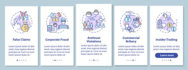Mobil uygulama sayfasında kavramlarla birlikte kurumsal hukuk suçları var. Karşı güven ihlali. 5 aşamalı grafik talimatlar. RGB renk resimleriyle UI vektör şablonu