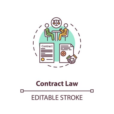 Sözleşme hukuku konsepti ikonu. Resmi belge imzası. Noter servisi. Yasal olarak uygulanabilir sözleşme fikri ince çizgi çizimi. Vektör izole edilmiş RGB renk çizimi. Düzenlenebilir vuruş