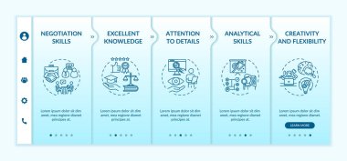 Avukat çekirdek yetkileri vektör şablonunda. Şirket avukatlığı kariyeri. Pazarlık yetenekleri. Simgeli ilgili mobil web sitesi. Web sayfası basamak ekranları. RGB renk kavramı