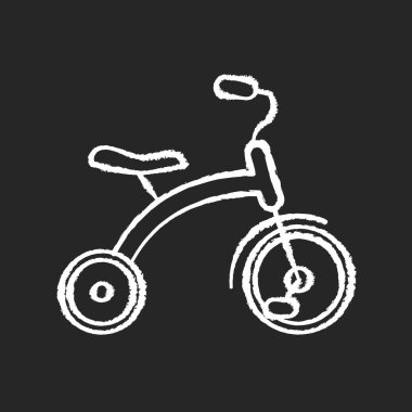 Siyah arkaplanda üç tekerlekli beyaz tebeşir simgesi. Yeni yürümeye başlayanlar için üç tekerlekli bisiklet. Çocuklar ekipmana biner. Çocuk koordinasyonu ve denge gelişimi. İzole edilmiş vektör karatahta çizimi