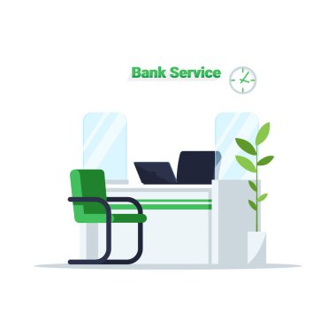 Banka servisi yarı düz RGB renk çizimi. Müşteri toplantısı için masa ve sandalye. Müşteri danışmanlığı için kabul masası beyaz arkaplanda izole edilmiş çizgi film nesnesi