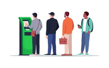 ATM yarı düz RGB renk vektör illüstrasyonunun yanında bekliyor. İnsanlar terminalle ödeme yapmak için kuyruğa giriyor. Büfeden nakit çek. Banka müşterileri beyaz arkaplanda çizgi film karakterini izole ettiler