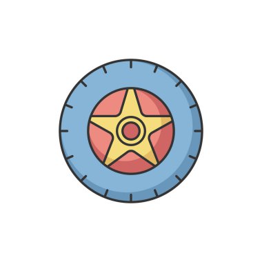 Araba lastiği RGB renk ikonu. Otomobil lastiği. Kenarları ve diskleri olan bir tekerlek. Ulaşım bakımı. Araç tamir servisi. Otomatik için yuvarlak lastik parçası. Hareket hızı. İzole vektör illüstrasyonu