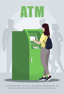 ATM poster şablonu. Mevcut para çekilmesi. Terminal için para. Yarı düz resimli ticari broşür tasarımı. Vektör karikatür tanıtım kartı. Bankacılık hizmetleri reklam davetiyesi